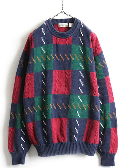 80s 90s 大きいサイズ XL ■ST JOHN'S BAY コットン ニット セーター ( メンズ ) JCペニー セントジョンズベイ パネル バーズアイ オールド