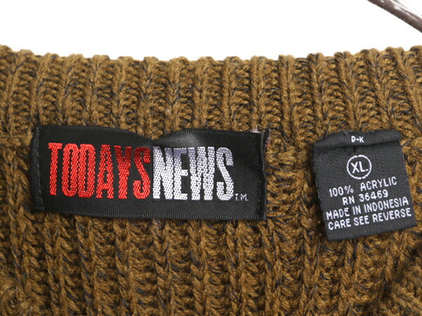 90s TODAYS NEWS アクリル チャンキー ニット セーター メンズ レディース XL 小さめ L 古着 90年代 オールド 無地 リブ編み クルーネック