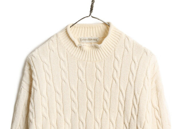 90s バナナリパブリック ロールネック コットン ケーブル ニット セーター メンズ L オールド BANANA REPUBLIC 無地 ハイネック ナチュラル