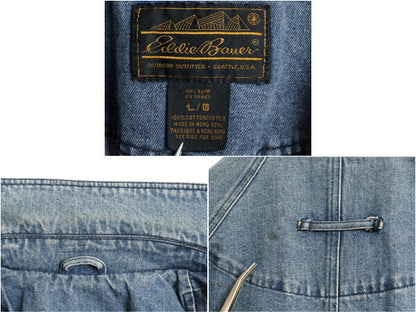 80s 90s エディ―バウアー デニム ステンカラー コート レディース L / ヴィンテージ 黒タグ Eddie Bauer ハーフ ハンティング ジャケット