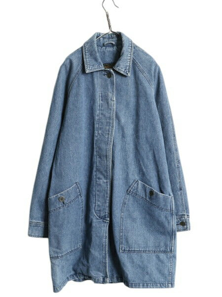 80s 90s エディ―バウアー デニム ステンカラー コート レディース L / ヴィンテージ 黒タグ Eddie Bauer ハーフ ハンティング ジャケット