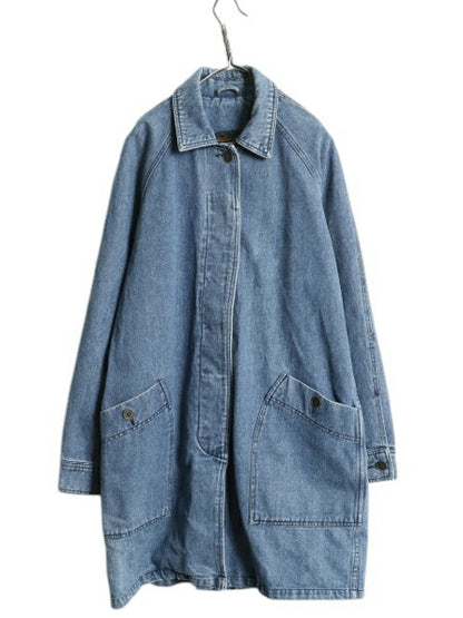 80s 90s エディ―バウアー デニム ステンカラー コート レディース L / ヴィンテージ 黒タグ Eddie Bauer ハーフ ハンティング ジャケット