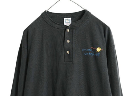 90s USA製 シカ アート イラスト 両面 プリント ヘンリーネック 長袖 Tシャツ メンズ L オールド 動物 シングルステッチ アニマル ロンT 黒