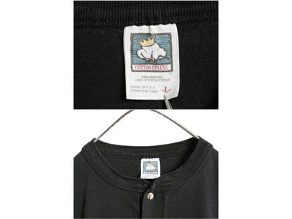 90s USA製 シカ アート イラスト 両面 プリント ヘンリーネック 長袖 Tシャツ メンズ L オールド 動物 シングルステッチ アニマル ロンT 黒
