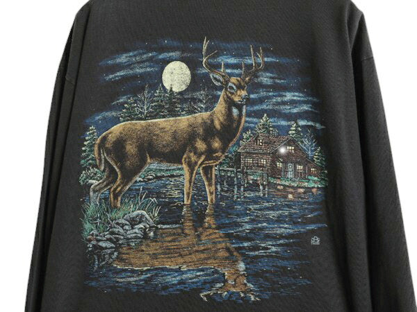 90s USA製 シカ アート イラスト 両面 プリント ヘンリーネック 長袖 Tシャツ メンズ L オールド 動物 シングルステッチ アニマル ロンT 黒