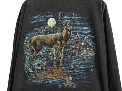 90s USA製 シカ アート イラスト 両面 プリント ヘンリーネック 長袖 Tシャツ メンズ L オールド 動物 シングルステッチ アニマル ロンT 黒