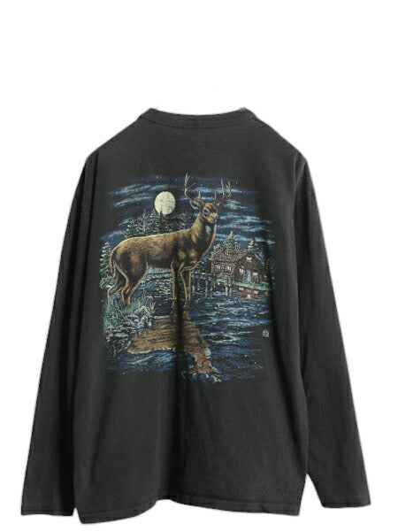90s USA製 シカ アート イラスト 両面 プリント ヘンリーネック 長袖 Tシャツ メンズ L オールド 動物 シングルステッチ アニマル ロンT 黒