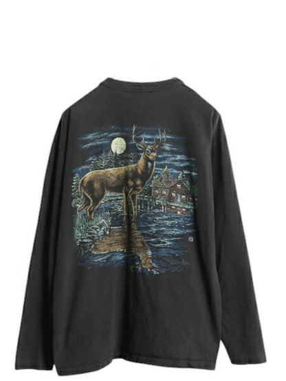 90s USA製 シカ アート イラスト 両面 プリント ヘンリーネック 長袖 Tシャツ メンズ L オールド 動物 シングルステッチ アニマル ロンT 黒