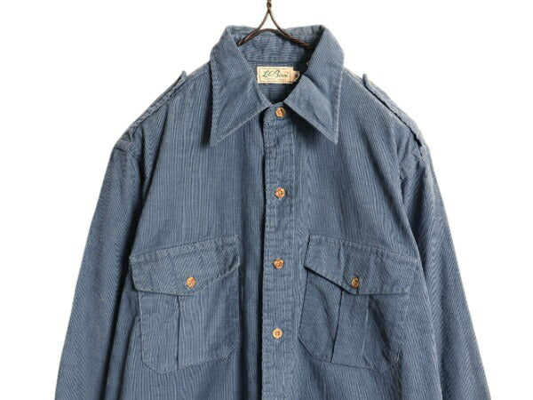 70s 筆記体タグ エルエルビーン 細畝 コーデュロイ 長袖 シャツ メンズ L 程 古着 70年代 ヴィンテージ LLBEAN サファリ アウトドア ブルー