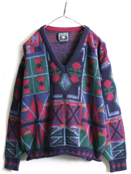 ■ チャップス ラルフローレン ネイティブ Vネック コットン ニット セーター ( メンズ M ) ポロ 80s USA製 80年代 ビンテージ POLO CHAPS
