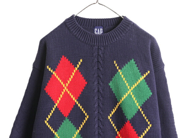 90s OLD GAP コットン デザイン ニット セーター メンズ XL 程/ 90年代 オールド ギャップ アーガイル 紺タグ ヘビーウェイト 大きいサイズ