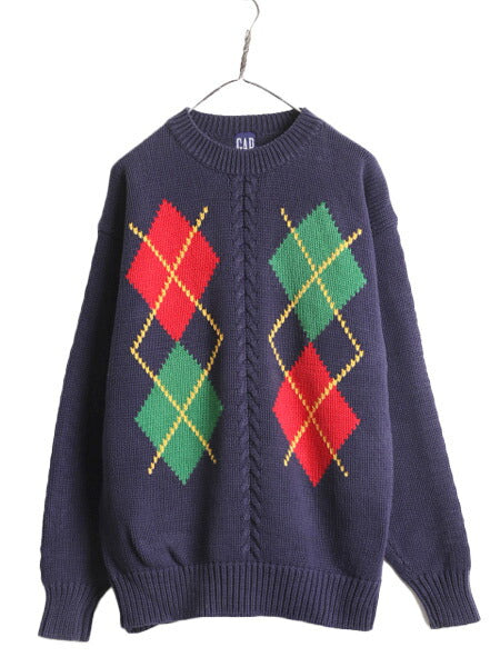 90s OLD GAP コットン デザイン ニット セーター メンズ XL 程/ 90年代 オールド ギャップ アーガイル 紺タグ ヘビーウェイト 大きいサイズ
