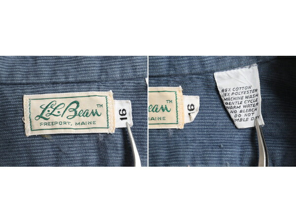 70s 筆記体タグ エルエルビーン 細畝 コーデュロイ 長袖 シャツ メンズ L 程 古着 70年代 ヴィンテージ LLBEAN サファリ アウトドア ブルー