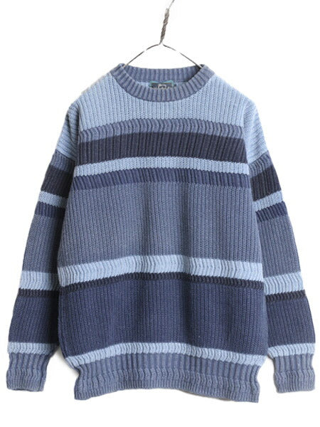 90s ウールリッチ リブ編み ニット セーター メンズ L 古着 90年代 オールド WOOLRICH ボーダー コットン リネン チャンキー マルチカラー