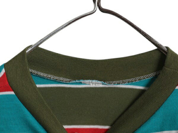 デッドストック 70s ボーダー 半袖 Tシャツ メンズ S 程/ 未使用品 ヴィンテージ マルチカラー モックネック シングルステッチ カットソー