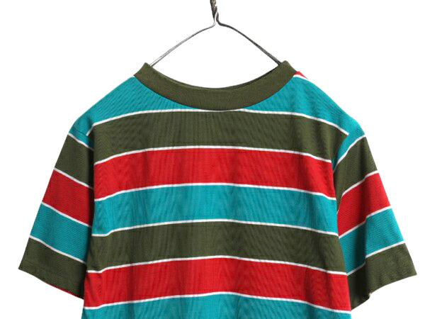 デッドストック 70s ボーダー 半袖 Tシャツ メンズ S 程/ 未使用品 ヴィンテージ マルチカラー モックネック シングルステッチ カットソー
