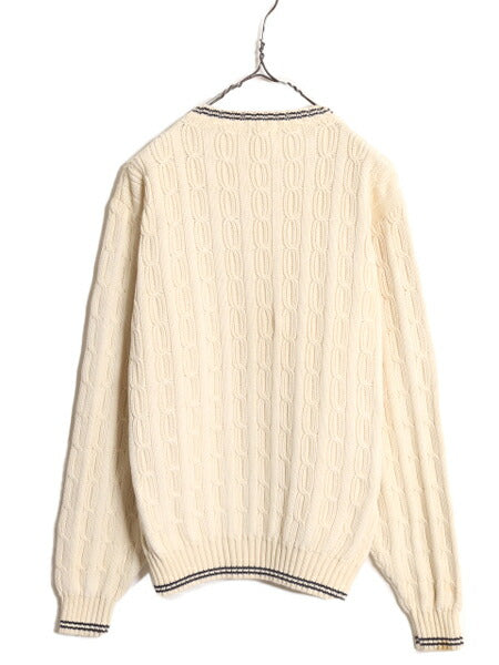 90s J CREW コットン ケーブル ニット セーター メンズ L 90年代 オールド ジェイクルー 巨人タグ クルーネック ヘビーウェイト ナチュラル