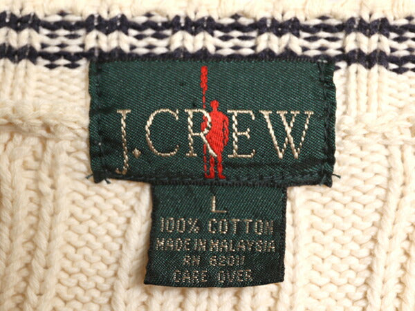 90s J CREW コットン ケーブル ニット セーター メンズ L 90年代 オールド ジェイクルー 巨人タグ クルーネック ヘビーウェイト ナチュラル