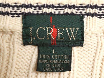 90s J CREW コットン ケーブル ニット セーター メンズ L 90年代 オールド ジェイクルー 巨人タグ クルーネック ヘビーウェイト ナチュラル