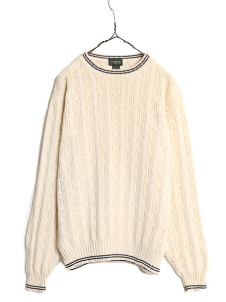 90s J CREW コットン ケーブル ニット セーター メンズ L 90年代 オールド ジェイクルー 巨人タグ クルーネック ヘビーウェイト ナチュラル