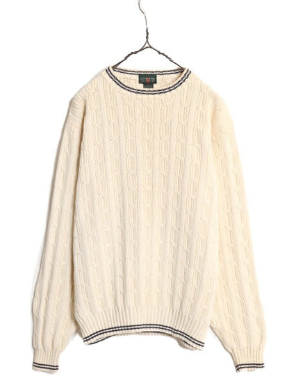 90s J CREW コットン ケーブル ニット セーター メンズ L 90年代 オールド ジェイクルー 巨人タグ クルーネック ヘビーウェイト ナチュラル