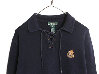 90s LAUREN ラルフローレン コットン ニット セーター レディース XL 90年代 オールド ポロ ワンポイント クッキー クレスト レースアップ