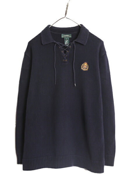 90s LAUREN ラルフローレン コットン ニット セーター レディース XL 90年代 オールド ポロ ワンポイント クッキー クレスト レースアップ