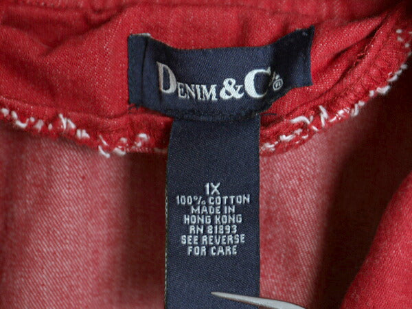 90s Denim & Co 先染め カラー デニム ダッフル コート レディース XL / オールド ハーフコート ジャケット フード パーカー 無地 レッド