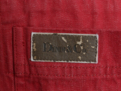 90s Denim & Co 先染め カラー デニム ダッフル コート レディース XL / オールド ハーフコート ジャケット フード パーカー 無地 レッド