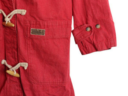 90s Denim & Co 先染め カラー デニム ダッフル コート レディース XL / オールド ハーフコート ジャケット フード パーカー 無地 レッド