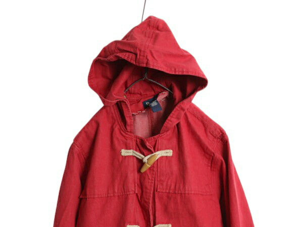 90s Denim & Co 先染め カラー デニム ダッフル コート レディース XL / オールド ハーフコート ジャケット フード パーカー 無地 レッド