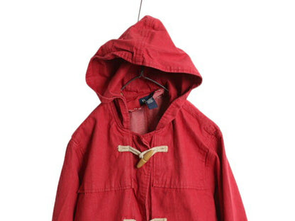 90s Denim & Co 先染め カラー デニム ダッフル コート レディース XL / オールド ハーフコート ジャケット フード パーカー 無地 レッド