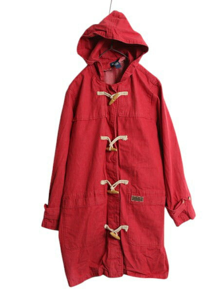 90s Denim & Co 先染め カラー デニム ダッフル コート レディース XL / オールド ハーフコート ジャケット フード パーカー 無地 レッド