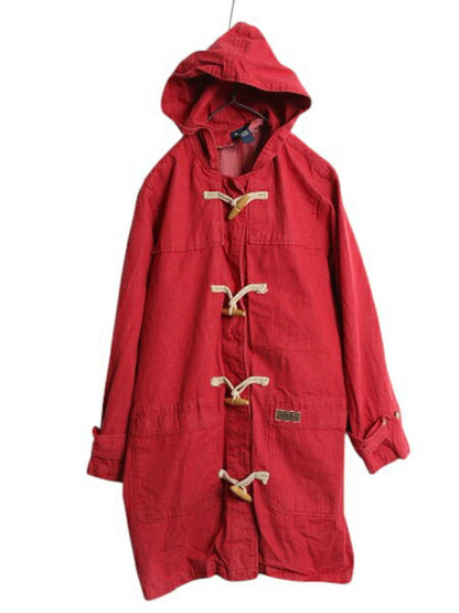 90s Denim & Co 先染め カラー デニム ダッフル コート レディース XL / オールド ハーフコート ジャケット フード パーカー 無地 レッド