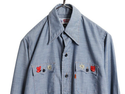 70s USA製 リーバイス ハンドメイド 刺繍 長袖 シャンブレー シャツ メンズ XS レディース S / 1点物 ヴィンテージ 長袖シャツ サドルマン
