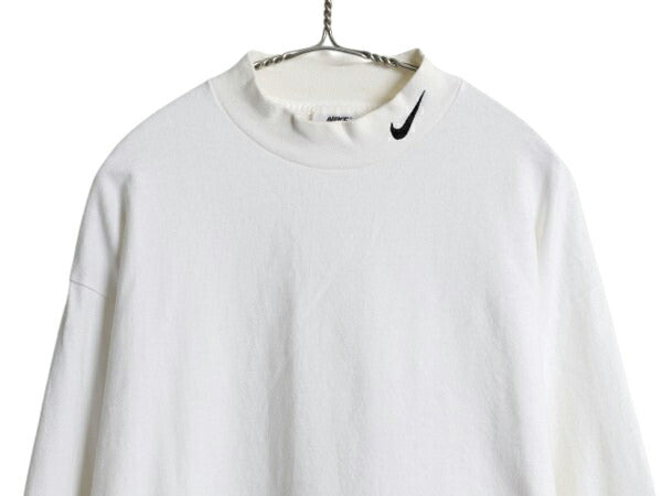 90s USA製 ナイキ モックネック 長袖 Tシャツ メンズ L オールド ロンT ロングTシャツ スウッシュ ハイネック ヘビーウェイト ワンポイント