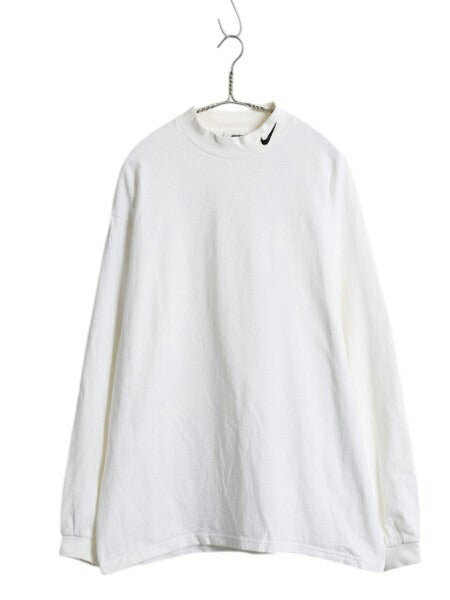 90s USA製 ナイキ モックネック 長袖 Tシャツ メンズ L オールド ロンT ロングTシャツ スウッシュ ハイネック ヘビーウェイト ワンポイント