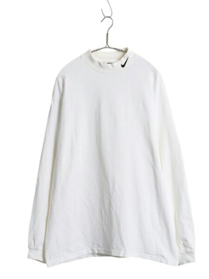 90s USA製 ナイキ モックネック 長袖 Tシャツ メンズ L オールド ロンT ロングTシャツ スウッシュ ハイネック ヘビーウェイト ワンポイント