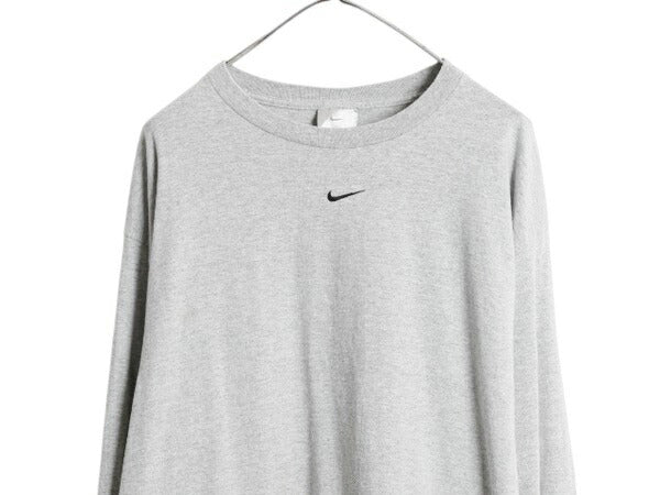 00s USA製 ナイキ 長袖 Tシャツ メンズ L 古着 オールド センター スモール スウッシュ ロンT ロングTシャツ ロゴT ワンポイント 当時物 灰