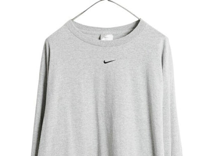 00s USA製 ナイキ 長袖 Tシャツ メンズ L 古着 オールド センター スモール スウッシュ ロンT ロングTシャツ ロゴT ワンポイント 当時物 灰