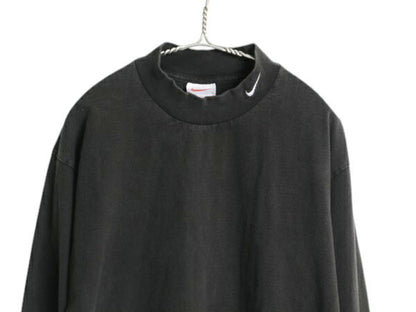 90s USA製 ナイキ モックネック 長袖 Tシャツ メンズ L / オールド ロンT ロングTシャツ ロゴT スウッシュ ヘビーウェイト ワンポイント 黒
