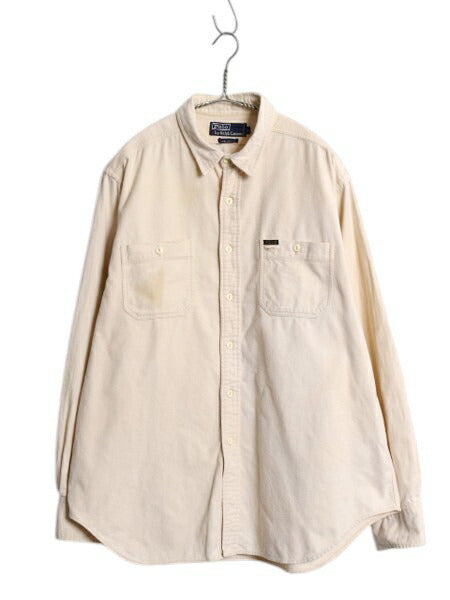 90s ポロ ラルフローレン コットン シャモア クロス シャツ メンズ XL / 古着 オールド ネルシャツ 長袖シャツ ワンポイント 大きいサイズ