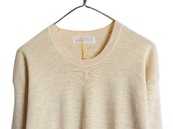 デッドストック 70s 80s イタリア製 Ragno クルーネック リブ付き カットソー メンズ レディース XL 程/ ウール 無地 ロンT 大きいサイズ