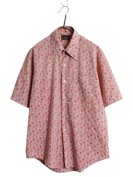 70s タウンクラフト 総柄 半袖 シャツ メンズ L / 古着 ヴィンテージ ペニーズ ボタニカル アロハ ハワイアン マルチカラー ポケット付き
