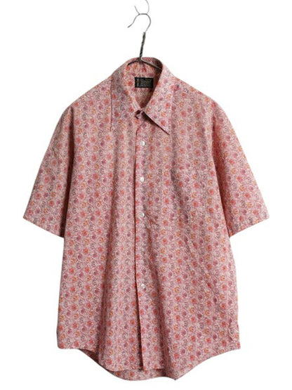 70s タウンクラフト 総柄 半袖 シャツ メンズ L / 古着 ヴィンテージ ペニーズ ボタニカル アロハ ハワイアン マルチカラー ポケット付き