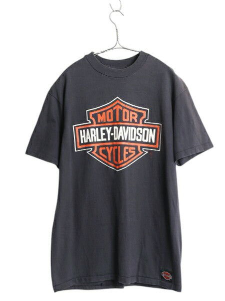 90s ハーレー ダビットソン 両面 プリント 半袖 Tシャツ M 程 オールド ロゴ ヘビーウェイト ブラック シングルステッチ バックプリント 黒