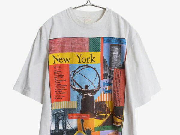 90s NY アート イラスト プリント 半袖 Tシャツ メンズ L オールド グラフィック 当時物 シングルステッチ ヘビーウェイト スーベニア  白