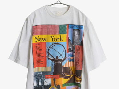 90s NY アート イラスト プリント 半袖 Tシャツ メンズ L オールド グラフィック 当時物 シングルステッチ ヘビーウェイト スーベニア  白