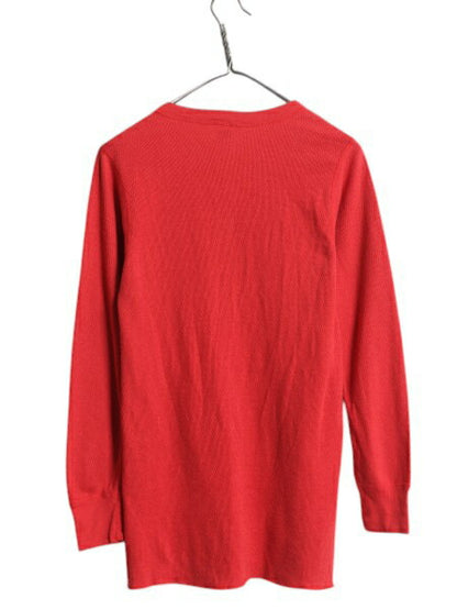 70s USA製 ヘインズ ヘンリーネック サーマル 長袖 Tシャツ メンズ L ヴィンテージ ロンT ワッフル ロングTシャツ 無地 インナー 黒タグ 赤