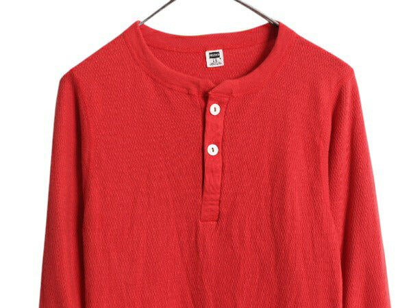 70s USA製 ヘインズ ヘンリーネック サーマル 長袖 Tシャツ メンズ L ヴィンテージ ロンT ワッフル ロングTシャツ 無地 インナー 黒タグ 赤